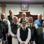 Front: Right Worshipful Grand Senior Warden Jim Carlton, Dylan Tardiff, & Myron Bell, Jr, WM Bellevue Lodge 325. Middle: Steve Crosby, Zach Thompson, PM & VP Memento Mori Motorcycle Riders Association; Gary Jorgens, Jr, President Memento Mori MRA. Back: Andy Seachord, PM & Past President Memento Mori MRA; RK Patrick, Chaplain Memento Mori MRA; & Jim McCollum, journeyman Memento Mori MRA.