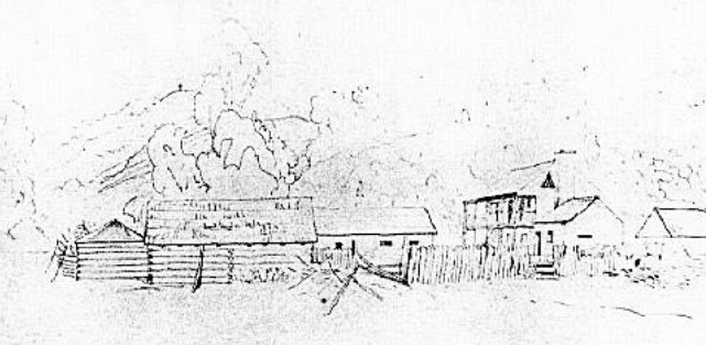 Drawing of The American Fur Company Trading Post, operated by Peter A. Sarpy